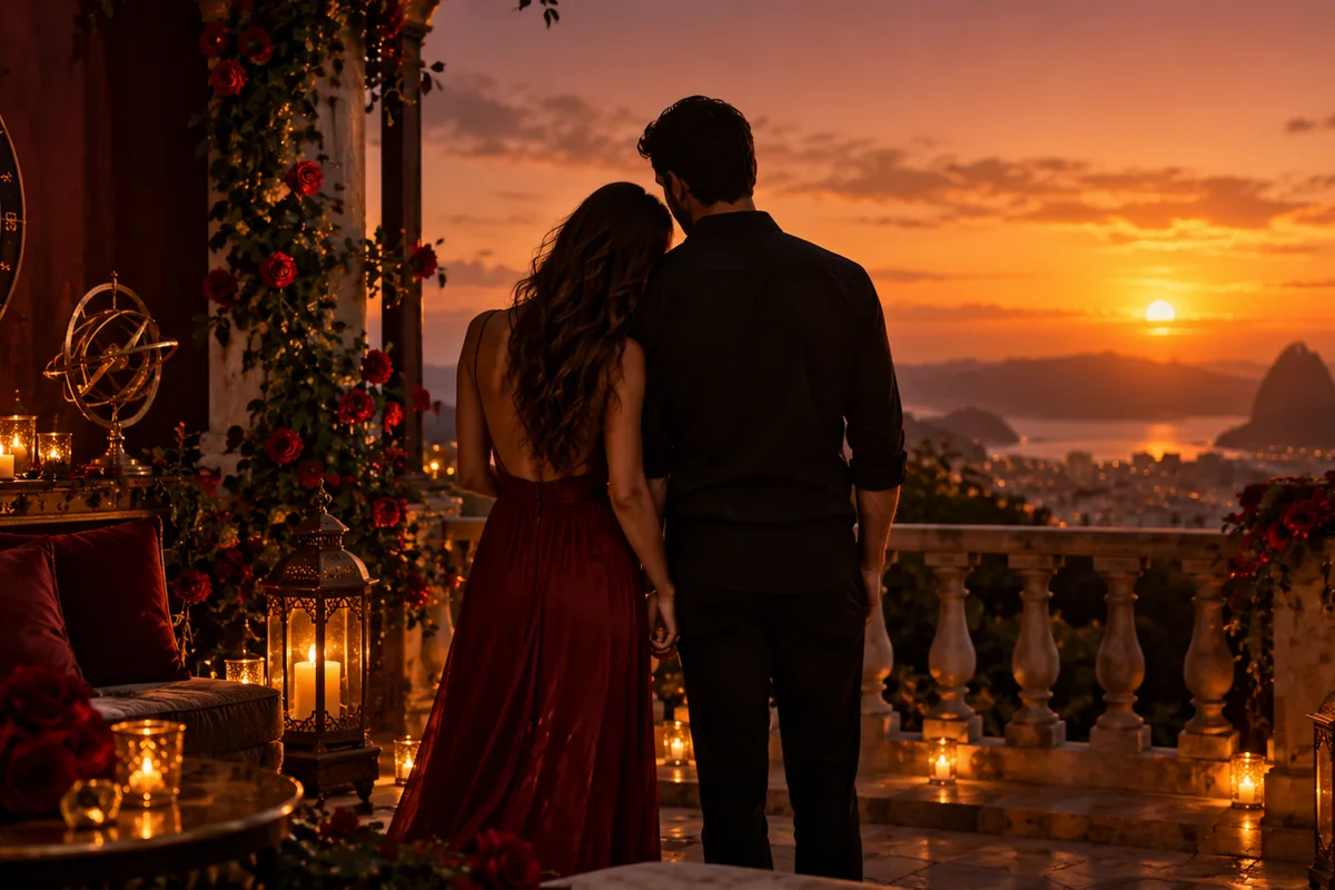 Casal adulto observando o pôr do sol em um ambiente acolhedor