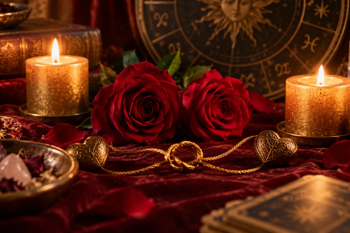 Ambiente espiritual com rosas, velas e elementos astrológicos