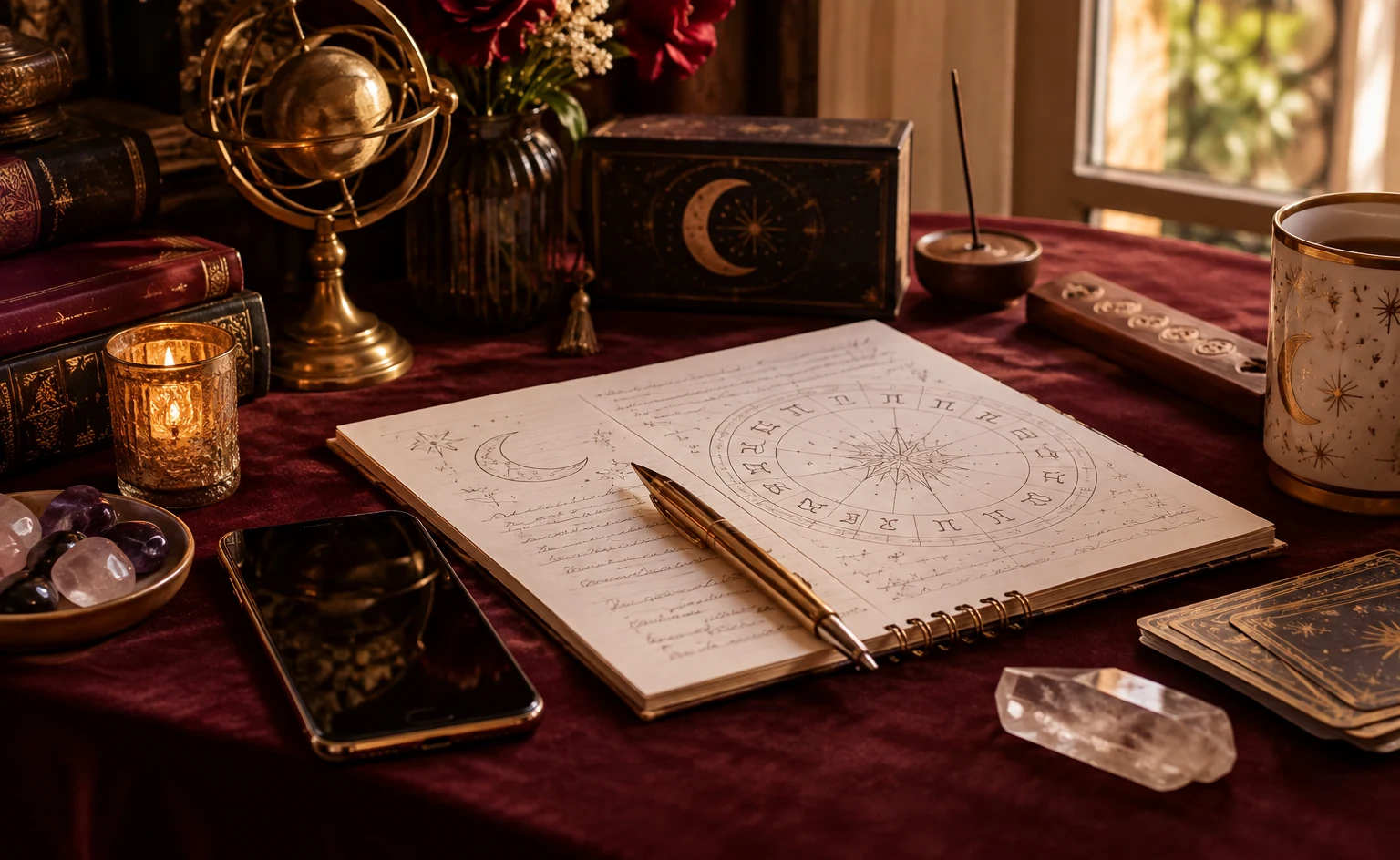 Mesa de atendimento com caderno, celular e elementos de astrologia