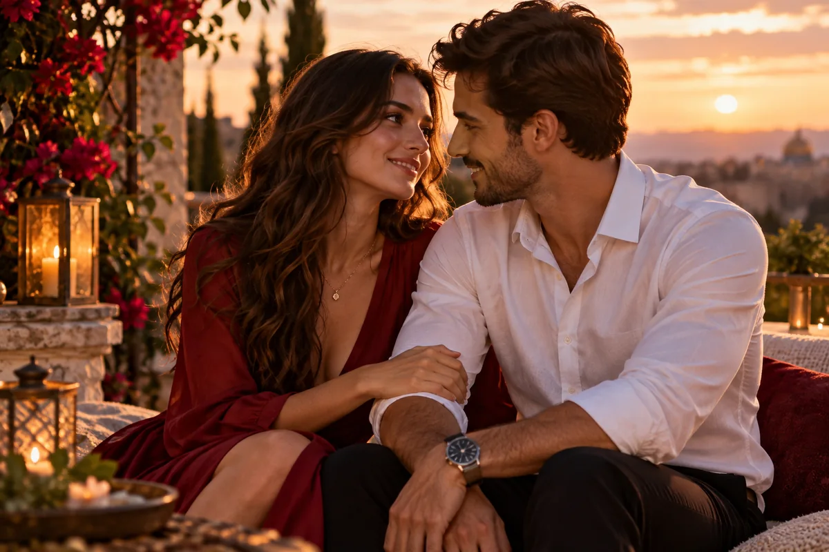 Casal adulto conversando em ambiente acolhedor ao pôr do sol