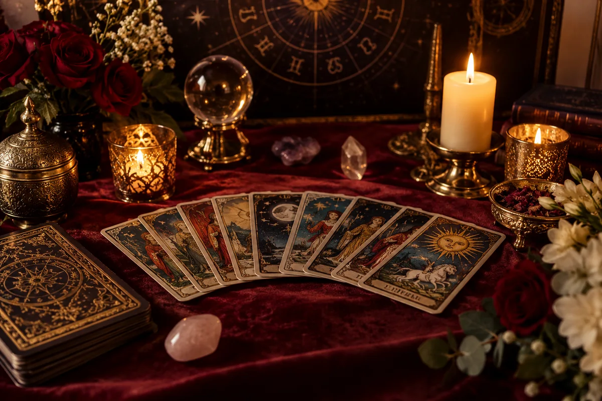 Cartas de Tarô em ambiente acolhedor para consulta