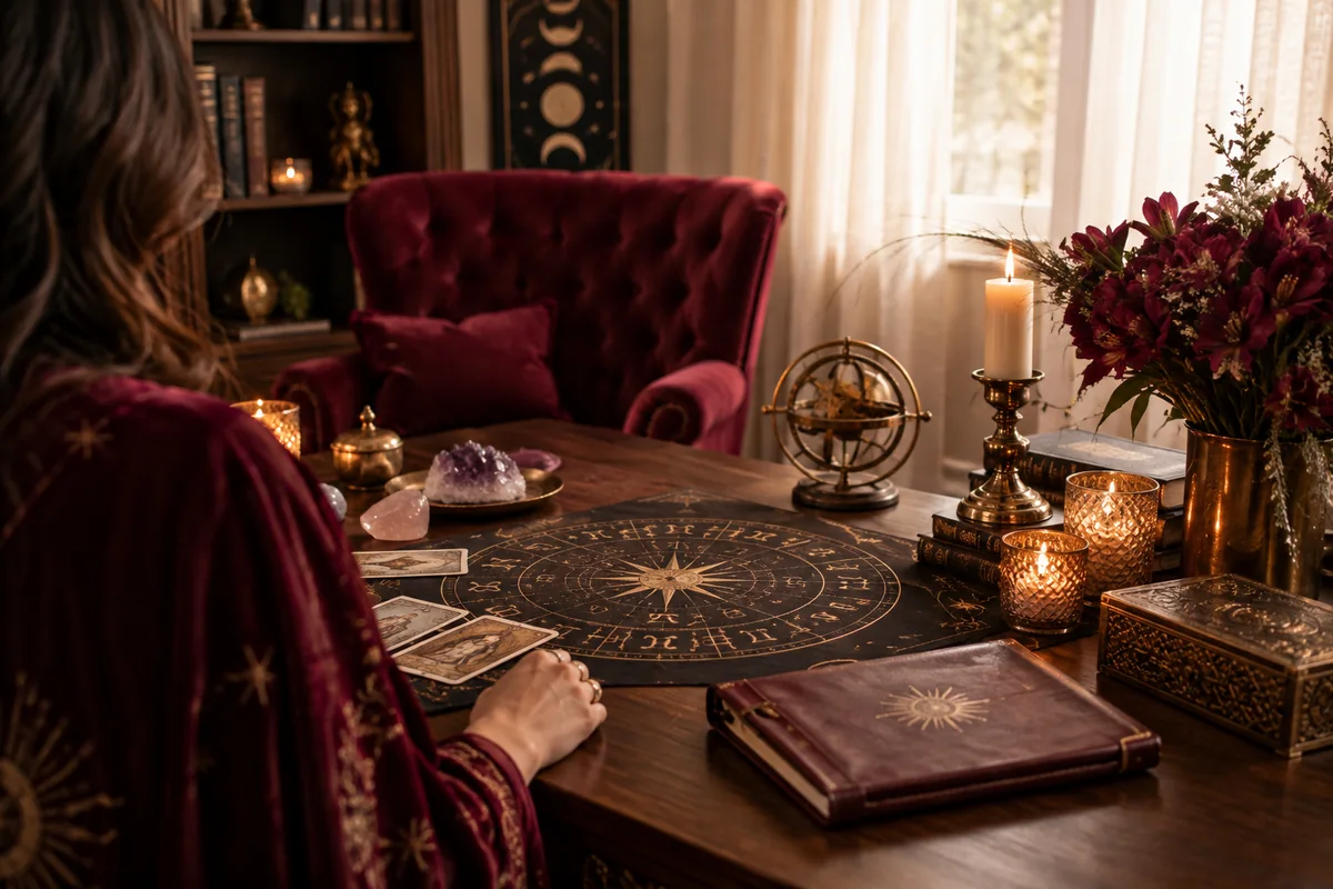 Ambiente de consulta com elementos de astrologia e reflexão